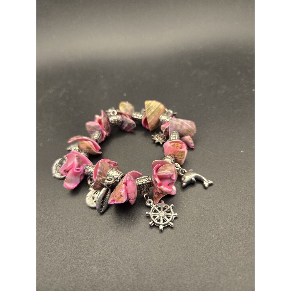 Silvertone Bracelet w/ Pieces of Shells Textured Charm Vintage Pink